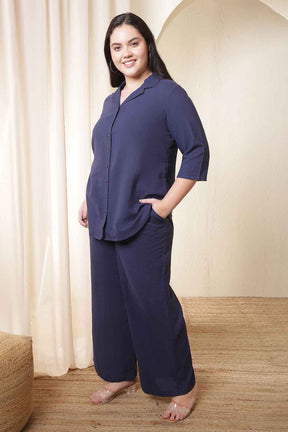 Plus Size Dark Blue Cotton Shirt Coord Set