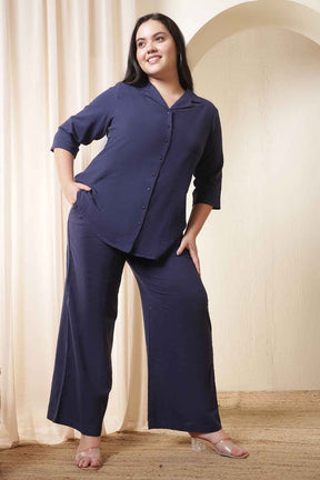 Plus Size Dark Blue Cotton Shirt Coord Set