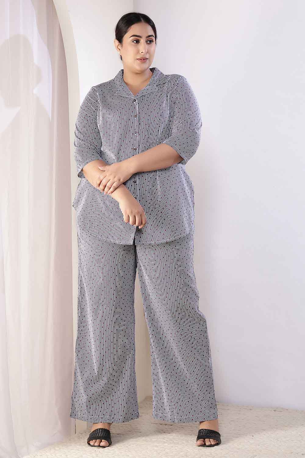 Plus Size Little Beatle Striped Cotton Shirt Coord Set