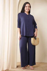 Plus Size Dark Blue Cotton Shirt Coord Set