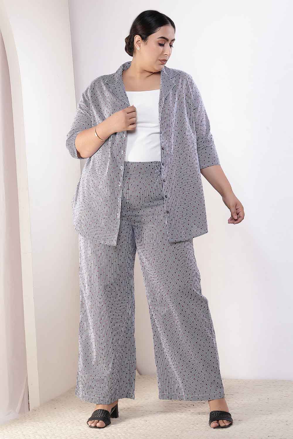 Plus Size Little Beatle Striped Cotton Shirt Coord Set