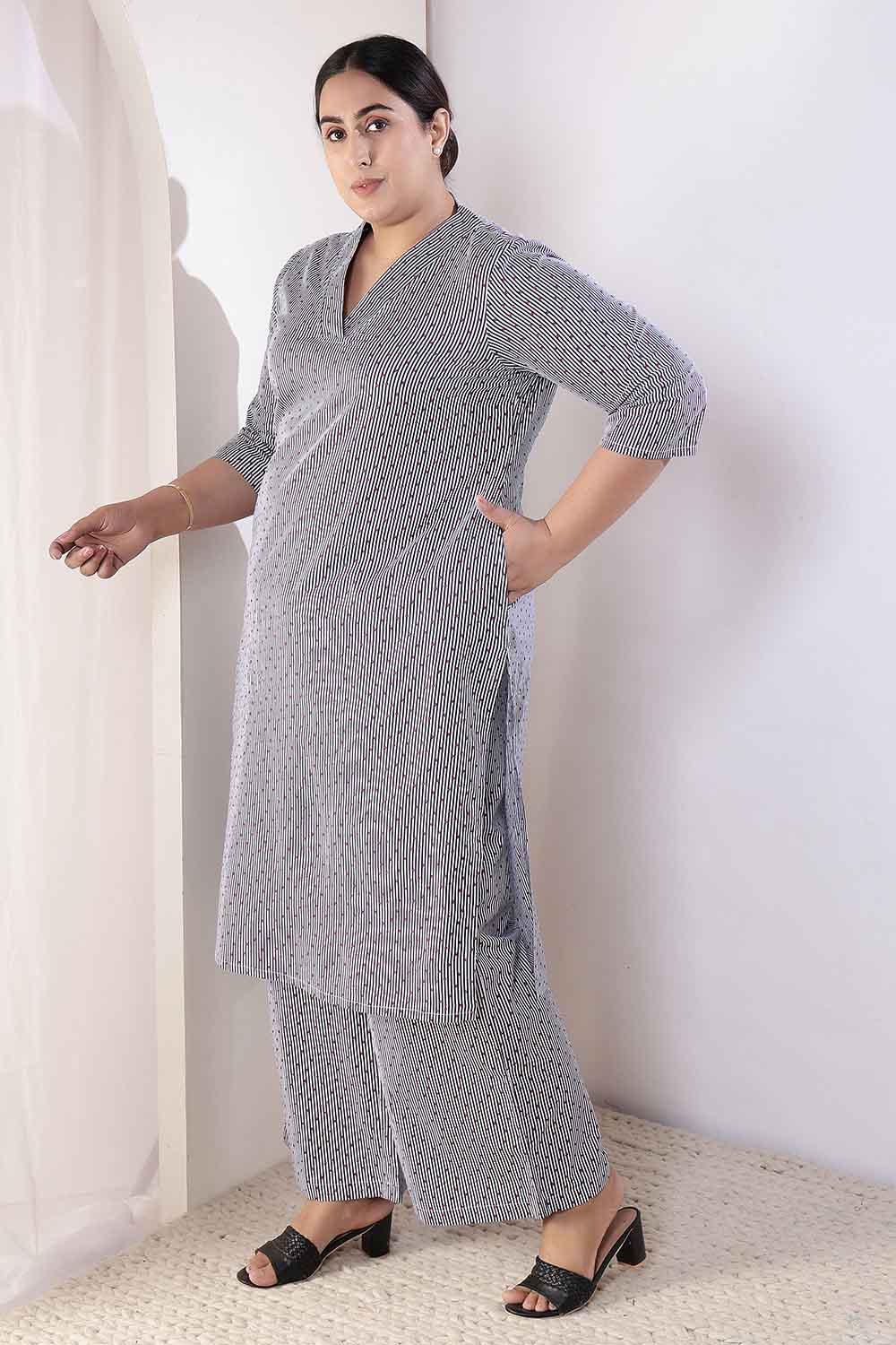 Plus Size Little Beatle Striped Cotton Kurta Coord Set