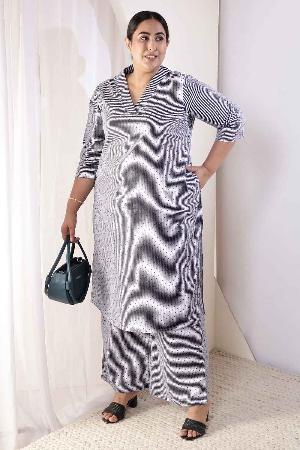 Plus Size Little Beatle Striped Cotton Kurta Coord Set