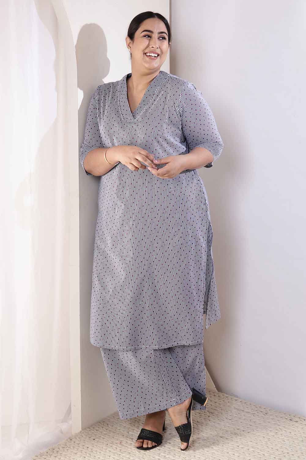 Plus Size Plus Size Little Beatle Striped Cotton Kurta Coord Set