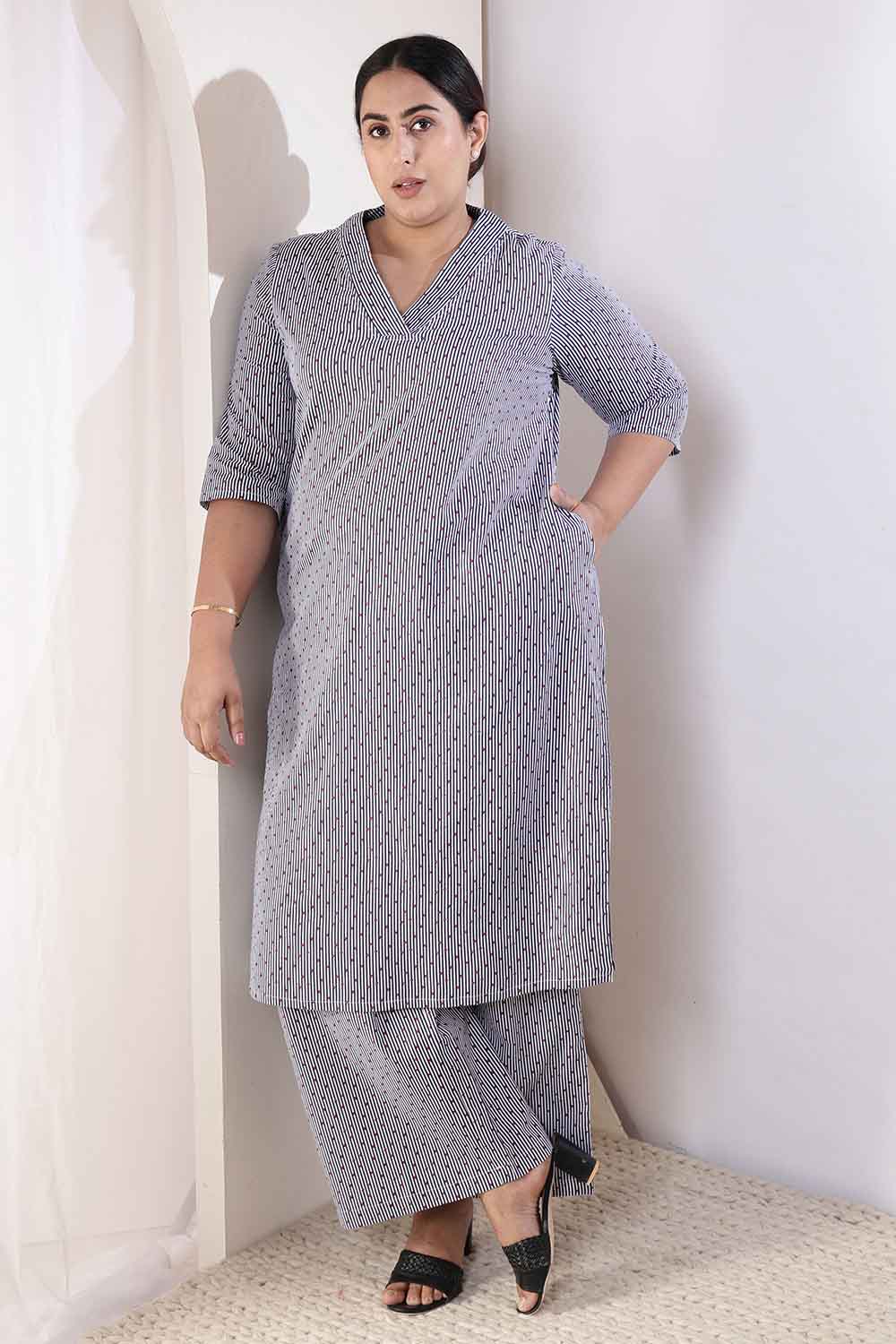 Plus Size Little Beatle Striped Cotton Kurta Coord Set for Women