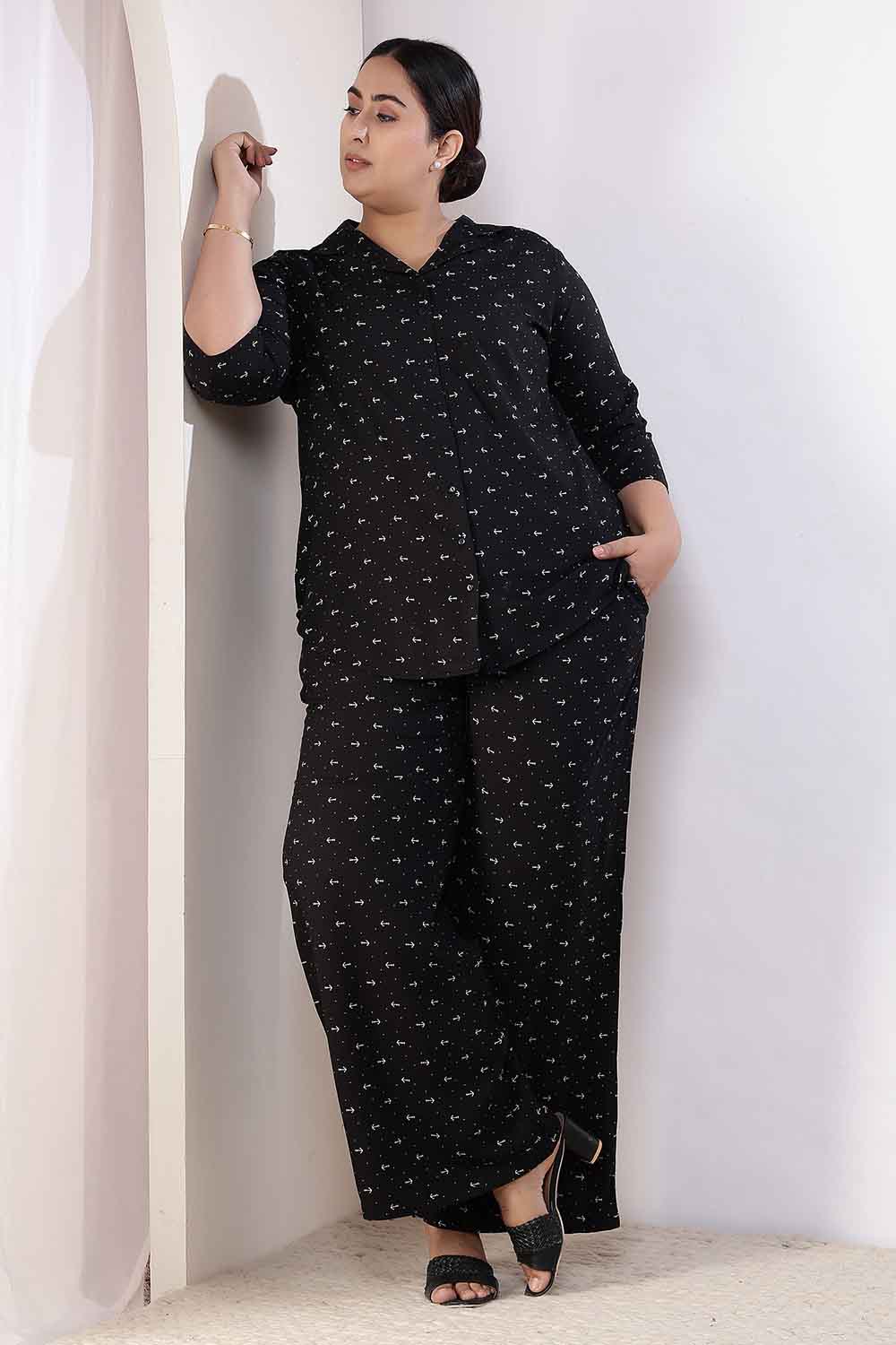 Plus Size Black Anchor Print Rayon Shirt Coord Set