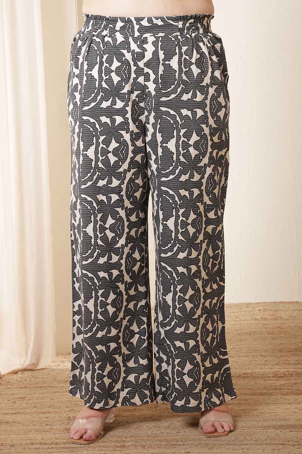 Plus Size Black & Beige Abstract Print High Waist Pants