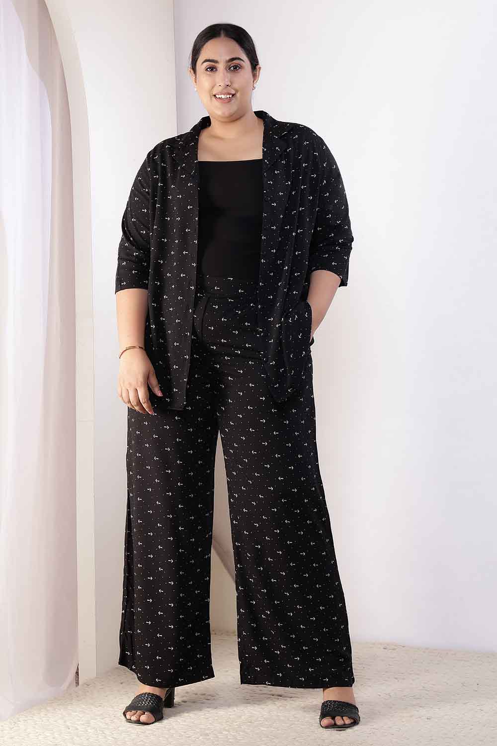 Plus Size Black Anchor Print Rayon Shirt Coord Set for Women