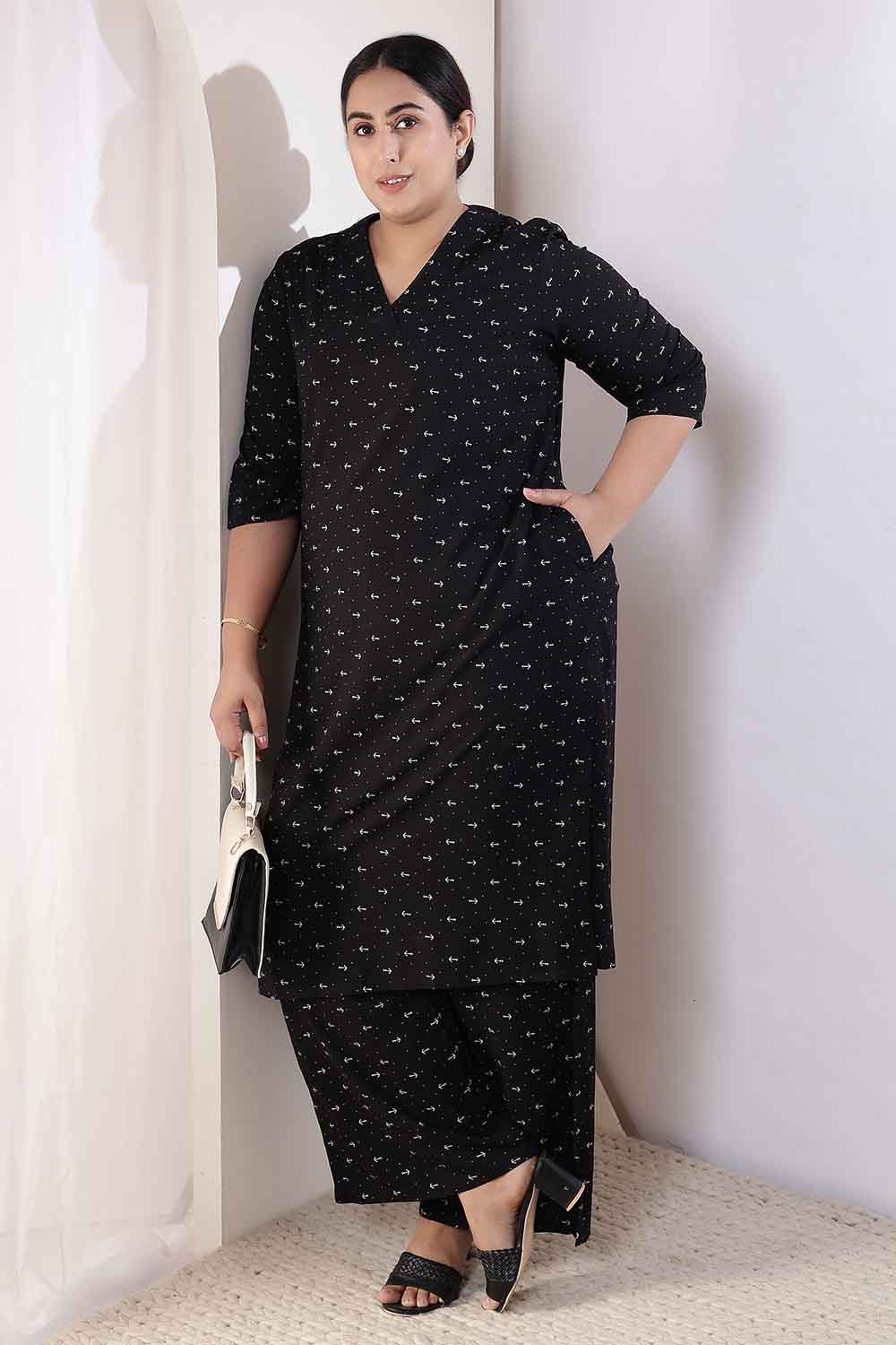 Plus Size Black Anchor Print Rayon Kurta Coord Set