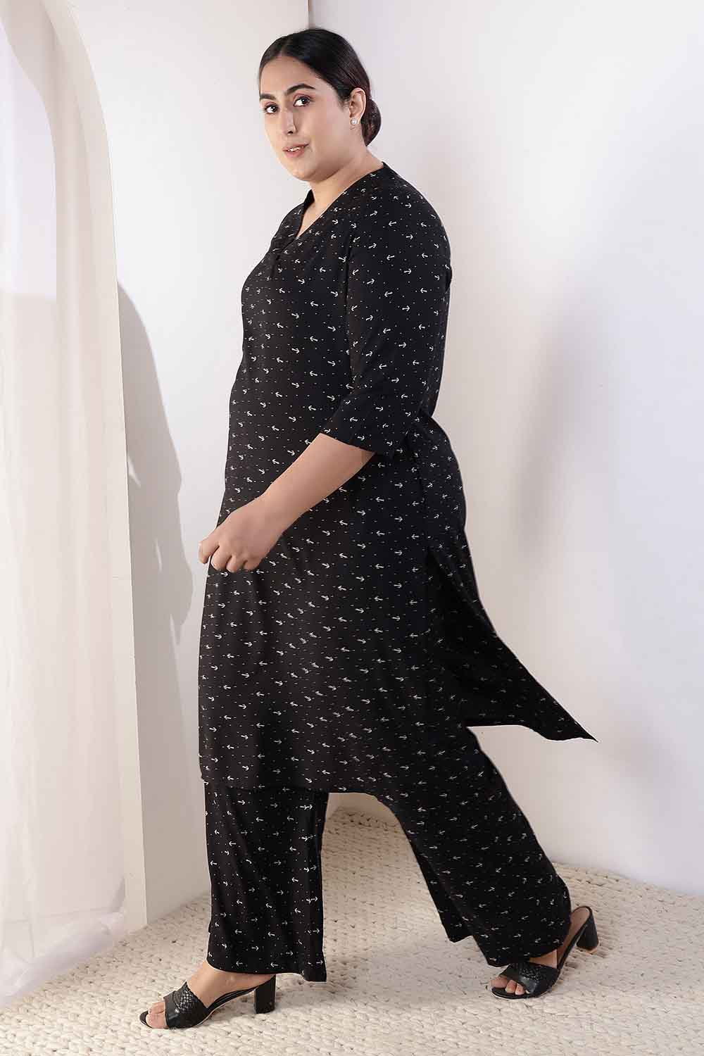 Plus Size Black Anchor Print Rayon Kurta Coord Set