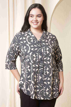 Plus Size Black & Beige Abstract Print Cuban Collar Shirt