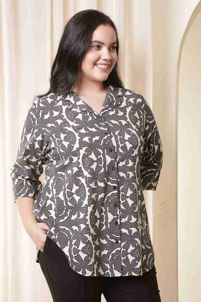 Plus Size Black & Beige Abstract Print Cuban Collar Shirt