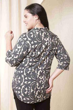 Plus Size Black & Beige Abstract Print Cuban Collar Shirt