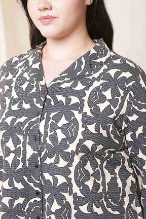 Plus Size Black & Beige Abstract Print Cuban Collar Shirt