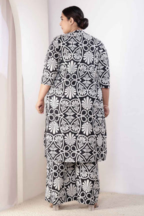 Plus Size Black & White Floral Print Cotton Kurta Coord Set