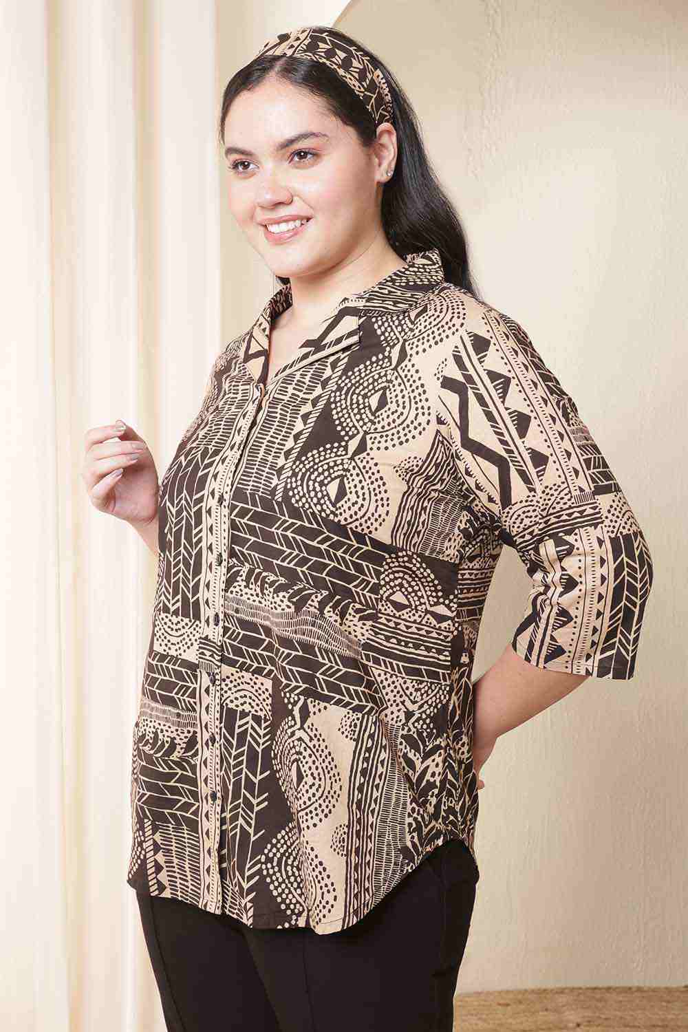 Plus Size Plus Size Brown Black Printed Cuban Collar Cotton Shirt