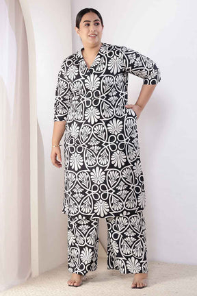 Plus Size Black & White Floral Print Cotton Kurta Coord Set