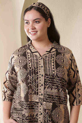 Plus Size Brown Black Printed Cuban Collar Cotton Shirt