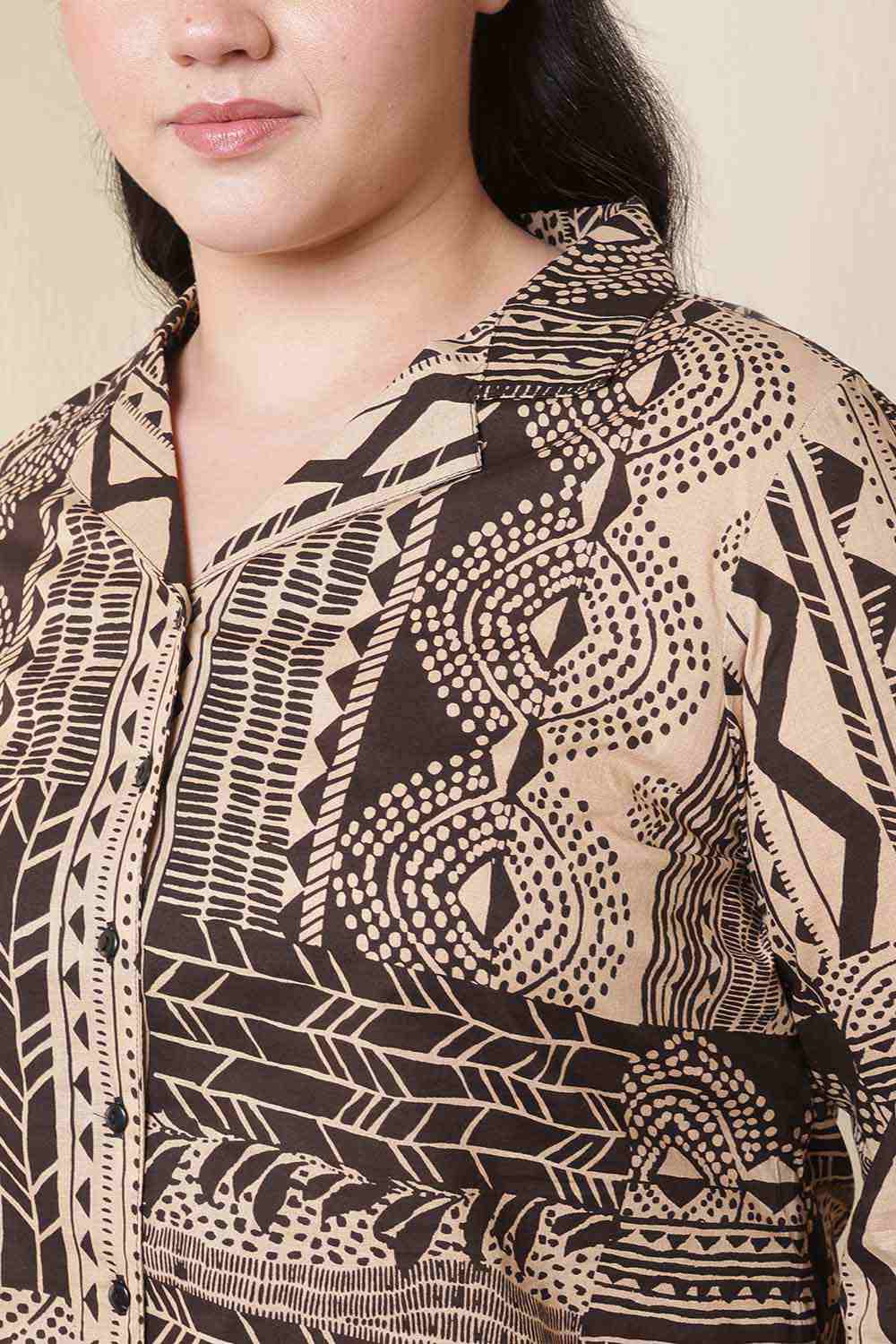Comfortable Plus Size Brown Black Printed Cuban Collar Cotton Shirt