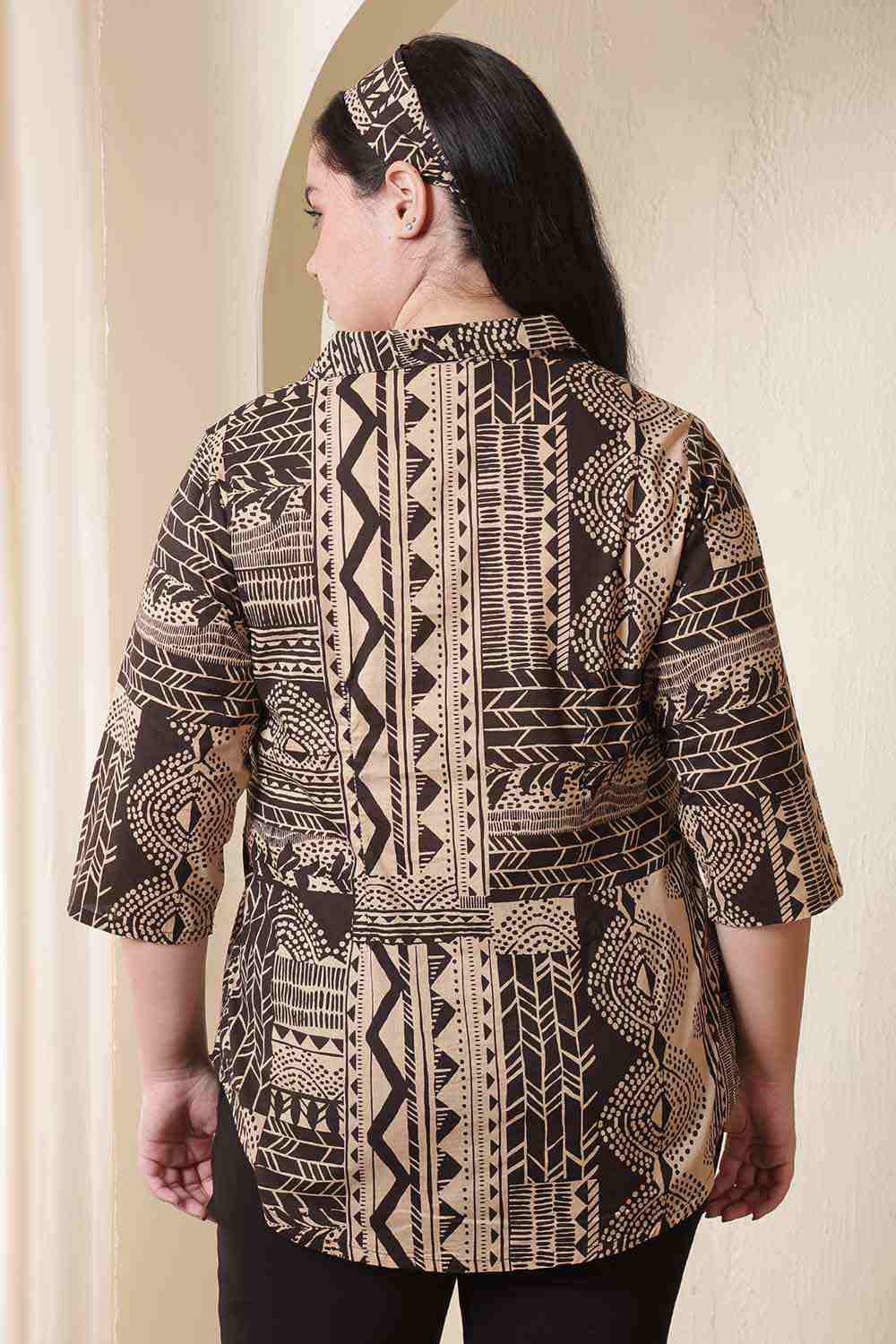 Plus Size Brown Black Printed Cuban Collar Cotton Shirt