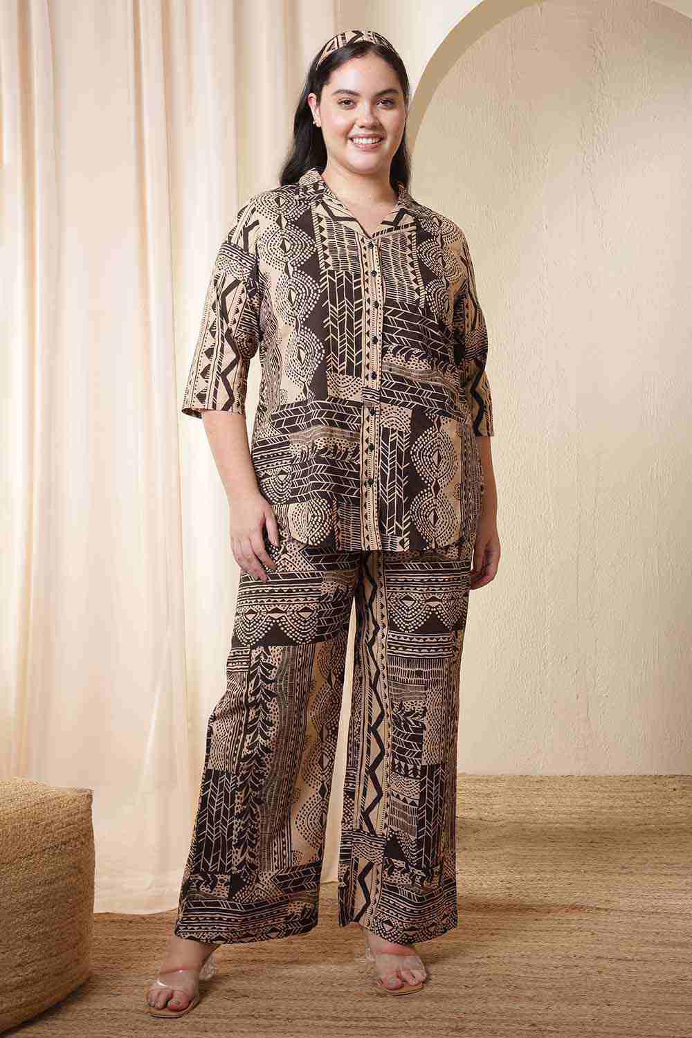 Plus Size Brown Black Printed Cotton Shirt Coord Set