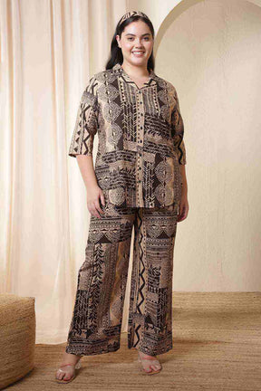 Plus Size Brown Black Printed Cotton Shirt Coord Set