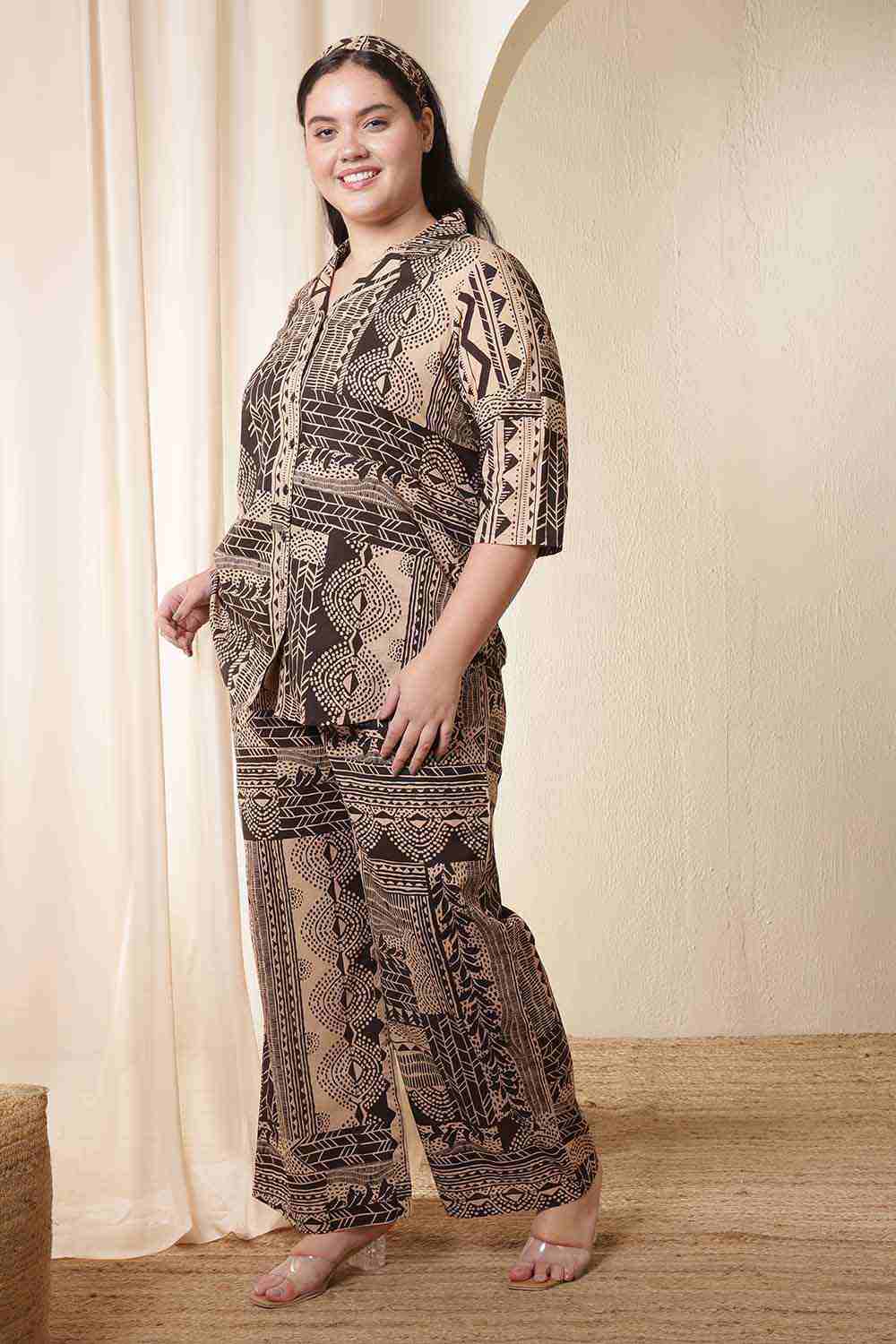 Plus Size Brown Black Printed Cotton Shirt Coord Set
