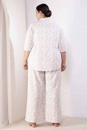 Plus Size Pink Floral Cotton Shirt Coord Set