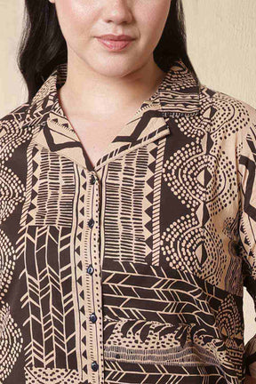 Plus Size Brown Black Printed Cotton Shirt Coord Set