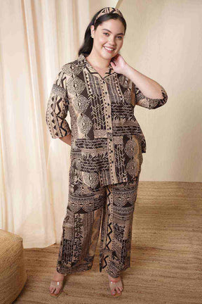 Plus Size Brown Black Printed Cotton Shirt Coord Set
