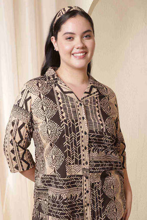 Plus Size Brown Black Printed Cotton Shirt Coord Set
