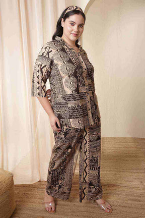 Plus Size Brown Black Printed Cotton Shirt Coord Set