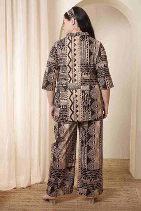 Plus Size Brown Black Printed Cotton Shirt Coord Set