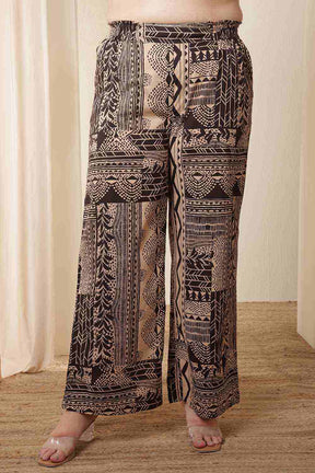 Plus Size Brown Black Printed Cotton Shirt Coord Set