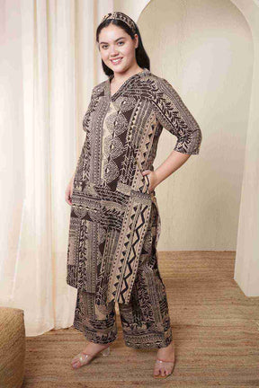 Plus Size Brown Black Printed Cotton Kurta Coord Set