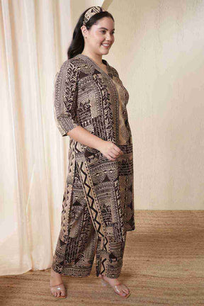 Plus Size Brown Black Printed Cotton Kurta Coord Set