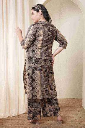 Plus Size Brown Black Printed Cotton Kurta Coord Set