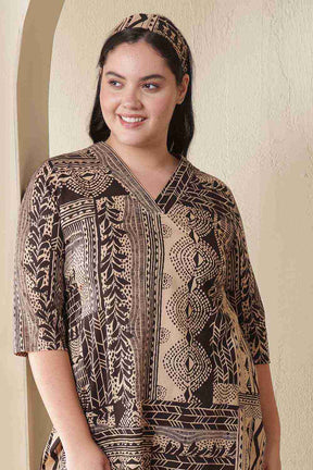 Plus Size Brown Black Printed Cotton Kurta Coord Set