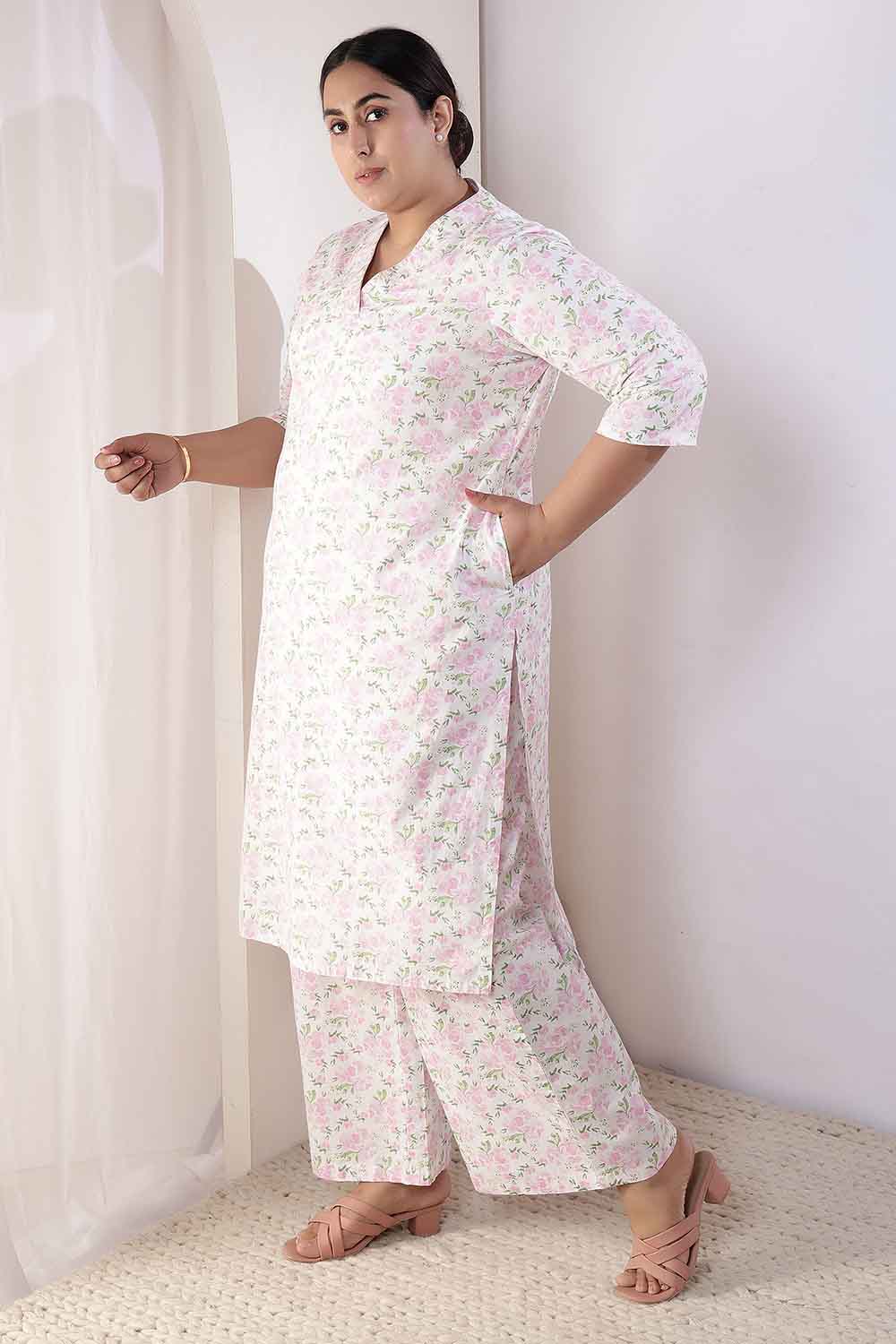 Plus Size Plus Size Pink Floral Cotton Kurta Coord Set