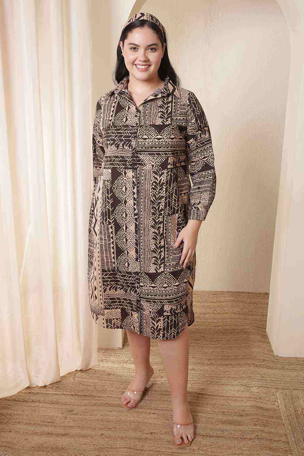 Plus Size Plus Size Brown Black Printed Cotton Midi Shirt Dress