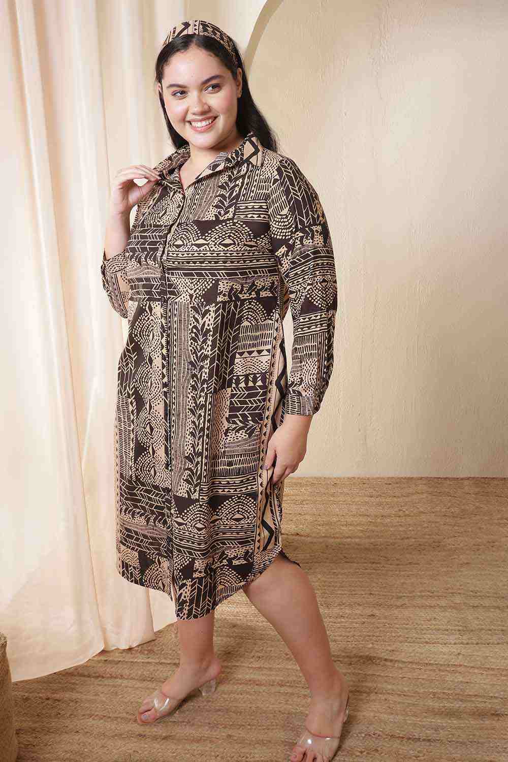 Plus Size Brown Black Printed Cotton Midi Shirt Dress