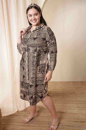 Plus Size Brown Black Printed Cotton Midi Shirt Dress