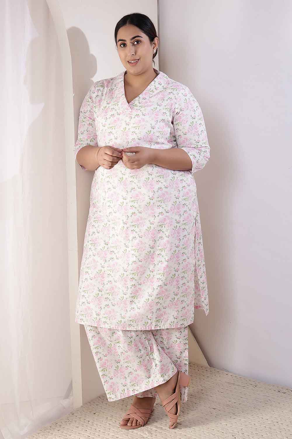 Plus Size Pink Floral Cotton Kurta Coord Set for Women