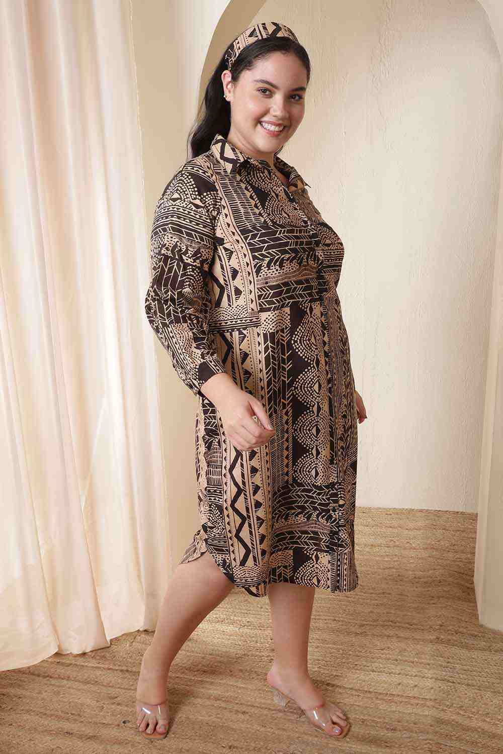 Plus Size Brown Black Printed Cotton Midi Shirt Dress for Women