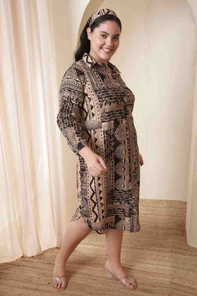 Plus Size Brown Black Printed Cotton Midi Shirt Dress