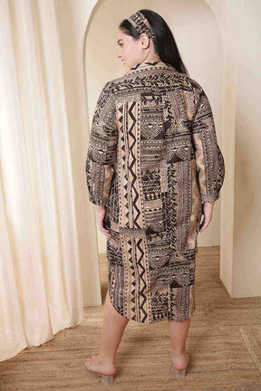 Plus Size Brown Black Printed Cotton Midi Shirt Dress