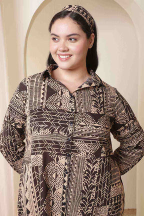 Plus Size Brown Black Printed Cotton Midi Shirt Dress