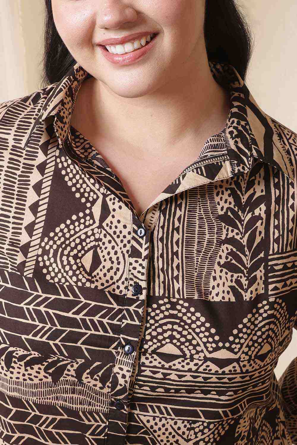 Plus Size Brown Black Printed Cotton Midi Shirt Dress