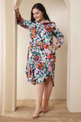 Plus Size Multicolor Floral Print Cotton Midi Shirt Dress