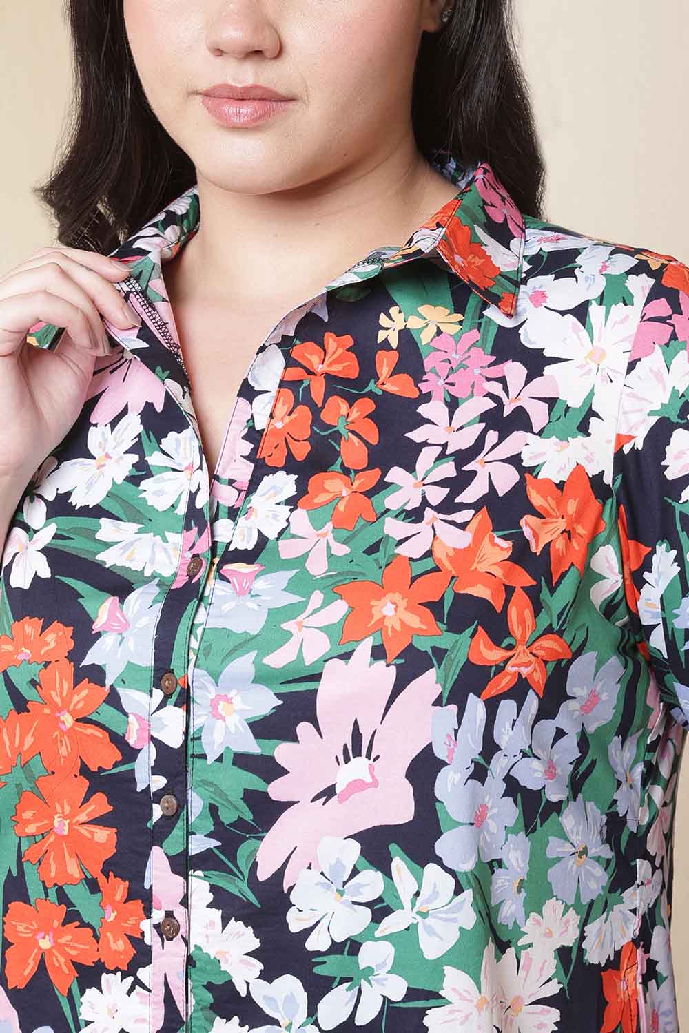 Plus Size Multicolor Floral Print Cotton Midi Shirt Dress